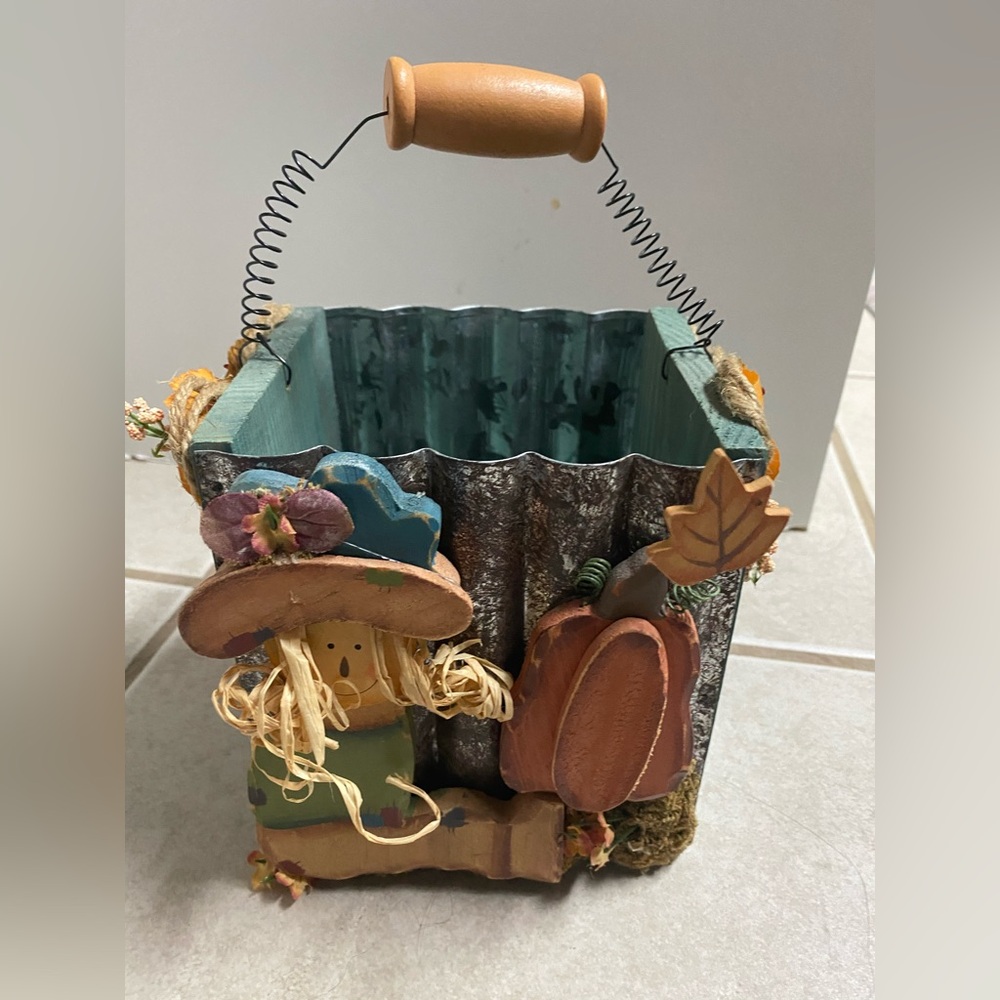 Rustic Harvest Scarecrow and Pumpkin Metal Basket